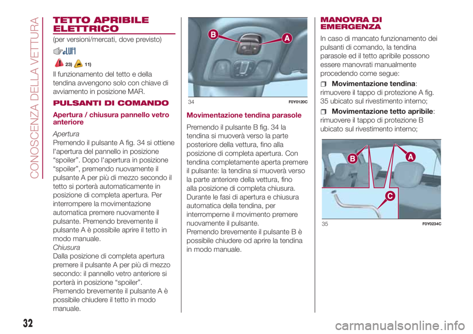 FIAT 500L 2018  Libretto Uso Manutenzione (in Italian) TETTO APRIBILE
ELETTRICO
(per versioni/mercati, dove previsto)
23)11)
Il funzionamento del tetto e della
tendina avvengono solo con chiave di
avviamento in posizione MAR.
PULSANTI DI COMANDO
Apertura 