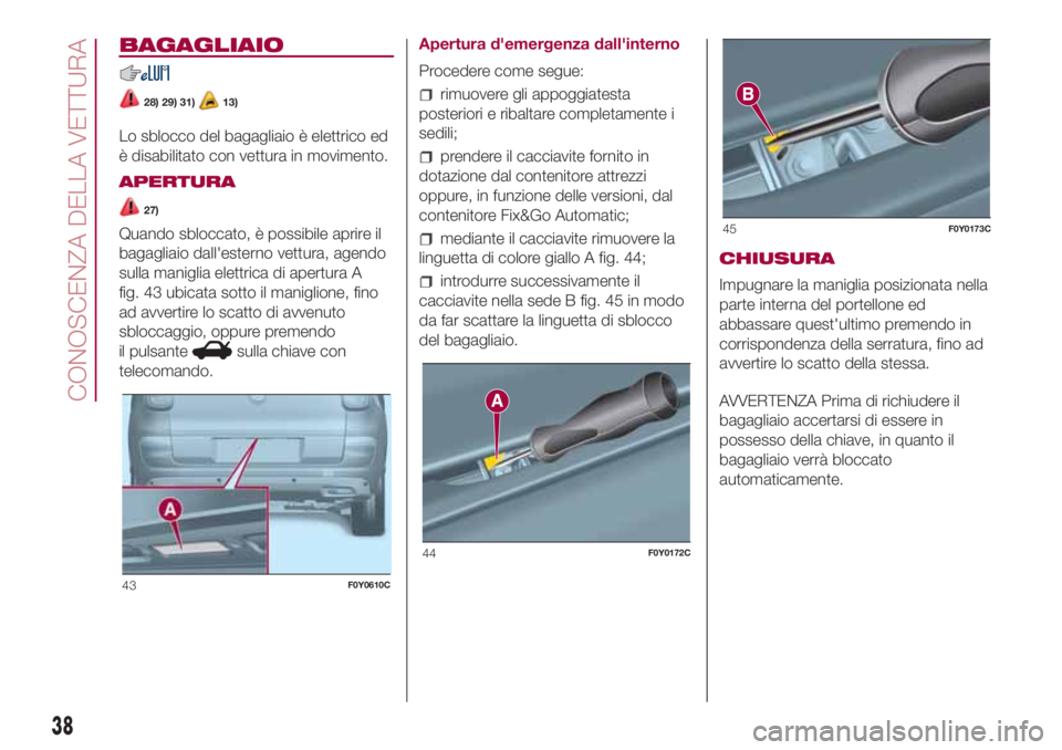 FIAT 500L 2018  Libretto Uso Manutenzione (in Italian) BAGAGLIAIO
28) 29) 31)13)
Lo sblocco del bagagliaio è elettrico ed
è disabilitato con vettura in movimento.
APERTURA
27)
Quando sbloccato, è possibile aprire il
bagagliaio dall'esterno vettura,