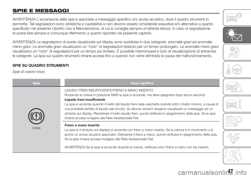 FIAT 500L 2019  Libretto Uso Manutenzione (in Italian) SPIE E MESSAGGI
AVVERTENZA L'accensione della spia è associata a messaggio specifico e/o avviso acustico, dove il quadro strumenti lo
permetta. Tali segnalazioni sono sintetiche e cautelative e n