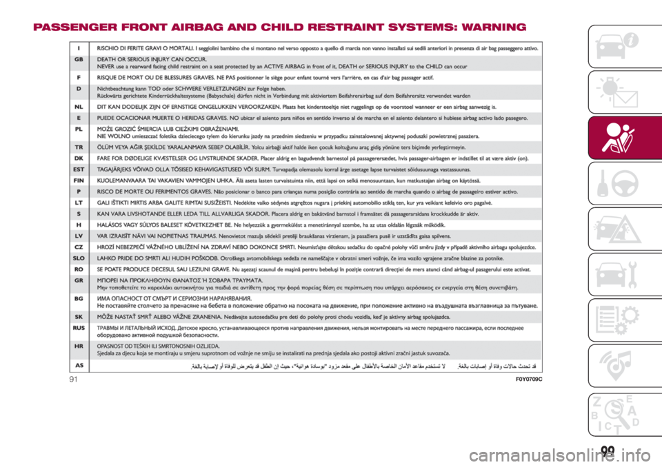 FIAT 500L 2018 Owner handbook (in English) PASSENGER FRONT AIRBAG AND CHILD RESTRAINT SYSTEMS: WARNING
91F0Y0709C
99 FIAT 500L 2018 Owner handbook (in English) PASSENGER FRONT AIRBAG AND CHILD RESTRAINT SYSTEMS: WARNING
91F0Y0709C
99