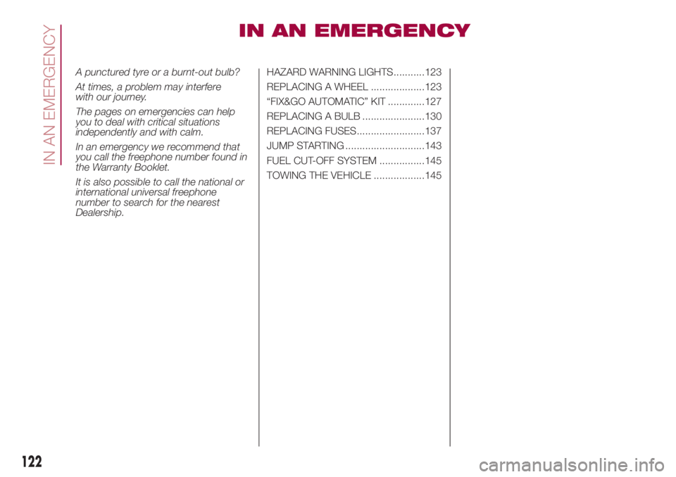 FIAT 500L 2018 Owner handbook (in English) IN AN EMERGENCY
A punctured tyre or a burnt-out bulb?
At times, a problem may interfere
with our journey.
The pages on emergencies can help
you to deal with critical situations
independently and with FIAT 500L 2018 Owner handbook (in English) IN AN EMERGENCY
A punctured tyre or a burnt-out bulb?
At times, a problem may interfere
with our journey.
The pages on emergencies can help
you to deal with critical situations
independently and with