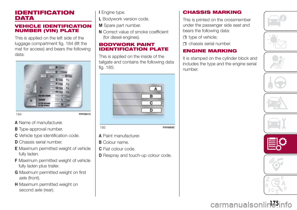 FIAT 500L 2018 Owner handbook (in English) IDENTIFICATION
DATA
VEHICLE IDENTIFICATION
NUMBER (VIN) PLATE
This is applied on the left side of the
luggage compartment fig. 184 (lift the
mat for access) and bears the following
data:
AName of manu FIAT 500L 2018 Owner handbook (in English) IDENTIFICATION
DATA
VEHICLE IDENTIFICATION
NUMBER (VIN) PLATE
This is applied on the left side of the
luggage compartment fig. 184 (lift the
mat for access) and bears the following
data:
AName of manu