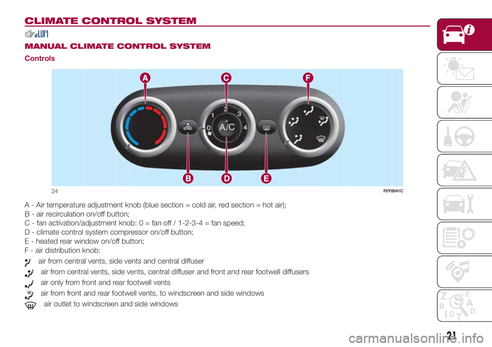 FIAT 500L 2018  Owner handbook (in English) CLIMATE CONTROL SYSTEM
.
MANUAL CLIMATE CONTROL SYSTEM
Controls
A - Air temperature adjustment knob (blue section = cold air, red section = hot air);
B - air recirculation on/off button;
C - fan activ