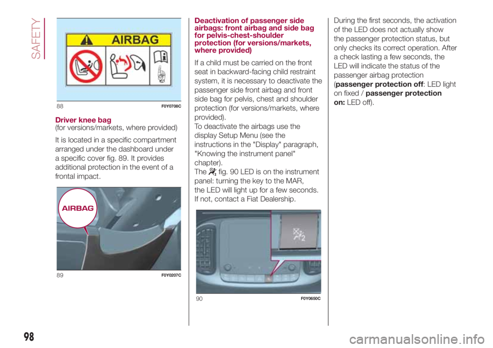 FIAT 500L 2018  Owner handbook (in English) Driver knee bag
(for versions/markets, where provided)
It is located in a specific compartment
arranged under the dashboard under
a specific cover fig. 89. It provides
additional protection in the eve