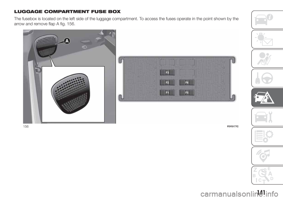 FIAT 500L 2019  Owner handbook (in English) LUGGAGE COMPARTMENT FUSE BOX
The fusebox is located on the left side of the luggage compartment. To access the fuses operate in the point shown by the
arrow and remove flap A fig. 156.
156F0Y0177C
141