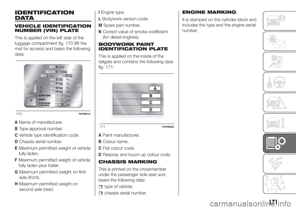 FIAT 500L 2019 Owner handbook (in English) IDENTIFICATION
DATA
VEHICLE IDENTIFICATION
NUMBER (VIN) PLATE
This is applied on the left side of the
luggage compartment fig. 170 (lift the
mat for access) and bears the following
data:
AName of manu FIAT 500L 2019 Owner handbook (in English) IDENTIFICATION
DATA
VEHICLE IDENTIFICATION
NUMBER (VIN) PLATE
This is applied on the left side of the
luggage compartment fig. 170 (lift the
mat for access) and bears the following
data:
AName of manu