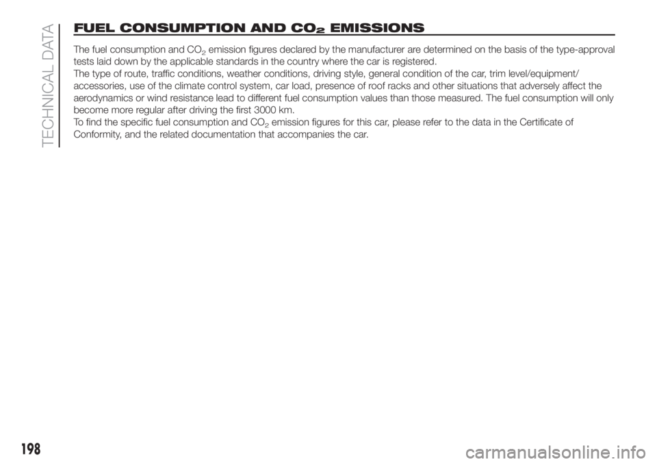 FIAT 500L 2019 Owner handbook (in English) FUEL CONSUMPTION AND CO2EMISSIONS
The fuel consumption and CO2emission figures declared by the manufacturer are determined on the basis of the type-approval
tests laid down by the applicable standards FIAT 500L 2019 Owner handbook (in English) FUEL CONSUMPTION AND CO2EMISSIONS
The fuel consumption and CO2emission figures declared by the manufacturer are determined on the basis of the type-approval
tests laid down by the applicable standards