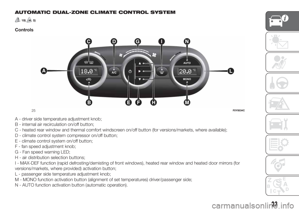 FIAT 500L 2019  Owner handbook (in English) AUTOMATIC DUAL-ZONE CLIMATE CONTROL SYSTEM
19)5)
Controls
A - driver side temperature adjustment knob;
B - internal air recirculation on/off button;
C - heated rear window and thermal comfort windscre