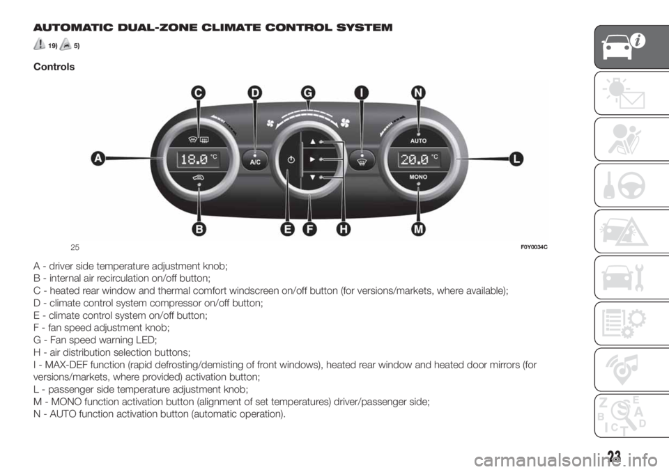 FIAT 500L 2019 Owner handbook (in English) AUTOMATIC DUAL-ZONE CLIMATE CONTROL SYSTEM
19)5)
Controls
A - driver side temperature adjustment knob;
B - internal air recirculation on/off button;
C - heated rear window and thermal comfort windscre FIAT 500L 2019 Owner handbook (in English) AUTOMATIC DUAL-ZONE CLIMATE CONTROL SYSTEM
19)5)
Controls
A - driver side temperature adjustment knob;
B - internal air recirculation on/off button;
C - heated rear window and thermal comfort windscre