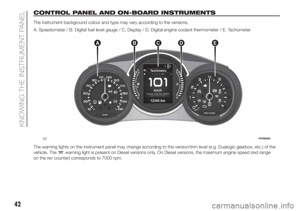 FIAT 500L 2019 Owner handbook (in English) CONTROL PANEL AND ON-BOARD INSTRUMENTS
The instrument background colour and type may vary according to the versions.
A. Speedometer / B. Digital fuel level gauge / C. Display / D. Digital engine coola FIAT 500L 2019 Owner handbook (in English) CONTROL PANEL AND ON-BOARD INSTRUMENTS
The instrument background colour and type may vary according to the versions.
A. Speedometer / B. Digital fuel level gauge / C. Display / D. Digital engine coola