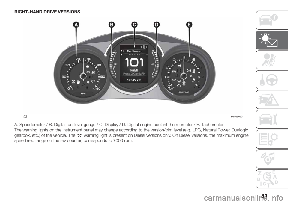 FIAT 500L 2019 Owner handbook (in English) RIGHT-HAND DRIVE VERSIONS
A. Speedometer / B. Digital fuel level gauge / C. Display / D. Digital engine coolant thermometer / E. Tachometer
The warning lights on the instrument panel may change accord FIAT 500L 2019 Owner handbook (in English) RIGHT-HAND DRIVE VERSIONS
A. Speedometer / B. Digital fuel level gauge / C. Display / D. Digital engine coolant thermometer / E. Tachometer
The warning lights on the instrument panel may change accord