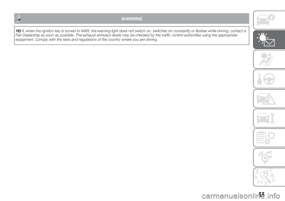 FIAT 500L 2019  Owner handbook (in English) WARNING
16)If, when the ignition key is turned to MAR, the warning light does not switch on, switches on constantly or flashes while driving, contact a
Fiat Dealership as soon as possible. The exhaust
