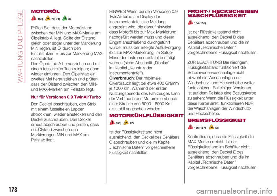 FIAT 500L 2018  Betriebsanleitung (in German) MOTORÖL
152)70) 71)3)
Prüfen Sie, dass der Motorölstand
zwischen der MIN und MAX-Marke am
Ölpeilstab A liegt. Sollte der Ölstand
gleich oder sogar unter der Markierung
MIN liegen, ist Öl durch d