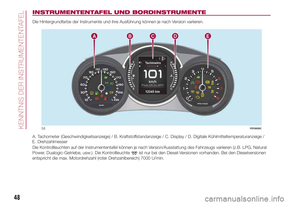 FIAT 500L 2018 Betriebsanleitung (in German) INSTRUMENTENTAFEL UND BORDINSTRUMENTE
Die Hintergrundfarbe der Instrumente und ihre Ausführung können je nach Version variieren.
A. Tachometer (Geschwindigkeitsanzeige) / B. Kraftstoffstandanzeige / FIAT 500L 2018 Betriebsanleitung (in German) INSTRUMENTENTAFEL UND BORDINSTRUMENTE
Die Hintergrundfarbe der Instrumente und ihre Ausführung können je nach Version variieren.
A. Tachometer (Geschwindigkeitsanzeige) / B. Kraftstoffstandanzeige /
