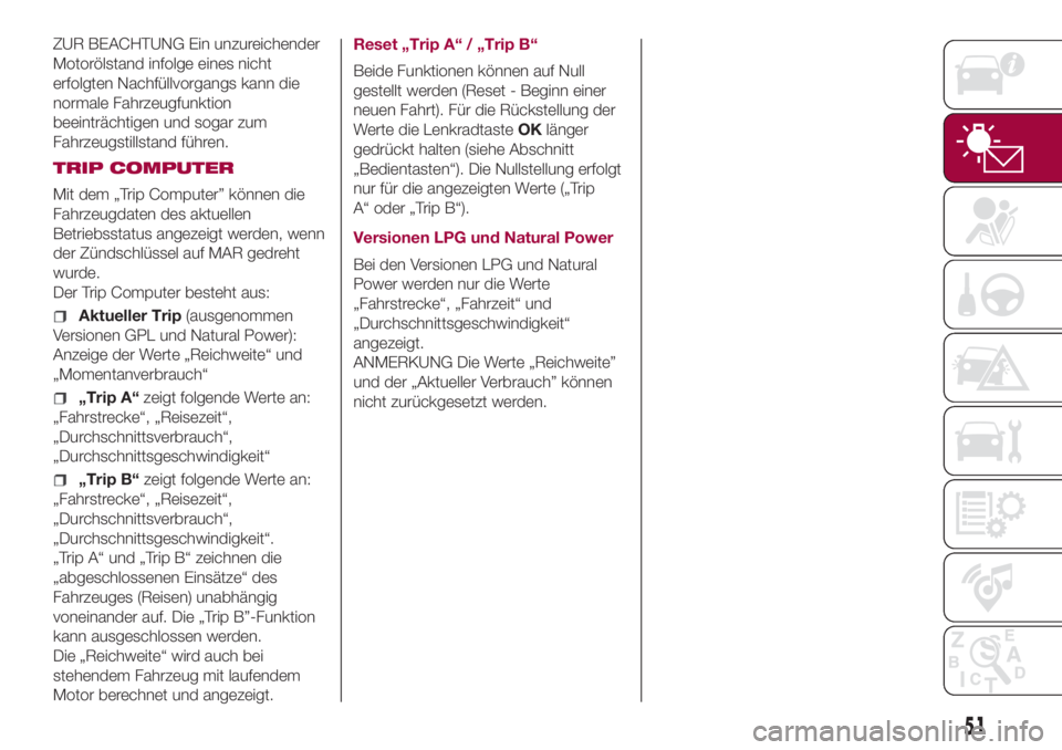 FIAT 500L 2018  Betriebsanleitung (in German) ZUR BEACHTUNG Ein unzureichender
Motorölstand infolge eines nicht
erfolgten Nachfüllvorgangs kann die
normale Fahrzeugfunktion
beeinträchtigen und sogar zum
Fahrzeugstillstand führen.
TRIP COMPUTE