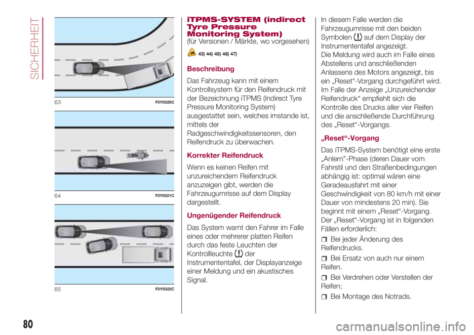 FIAT 500L 2018  Betriebsanleitung (in German) iTPMS-SYSTEM (indirect
Tyre Pressure
Monitoring System)
(für Versionen / Märkte, wo vorgesehen)
43) 44) 45) 46) 47)
Beschreibung
Das Fahrzeug kann mit einem
Kontrollsystem für den Reifendruck mit
d