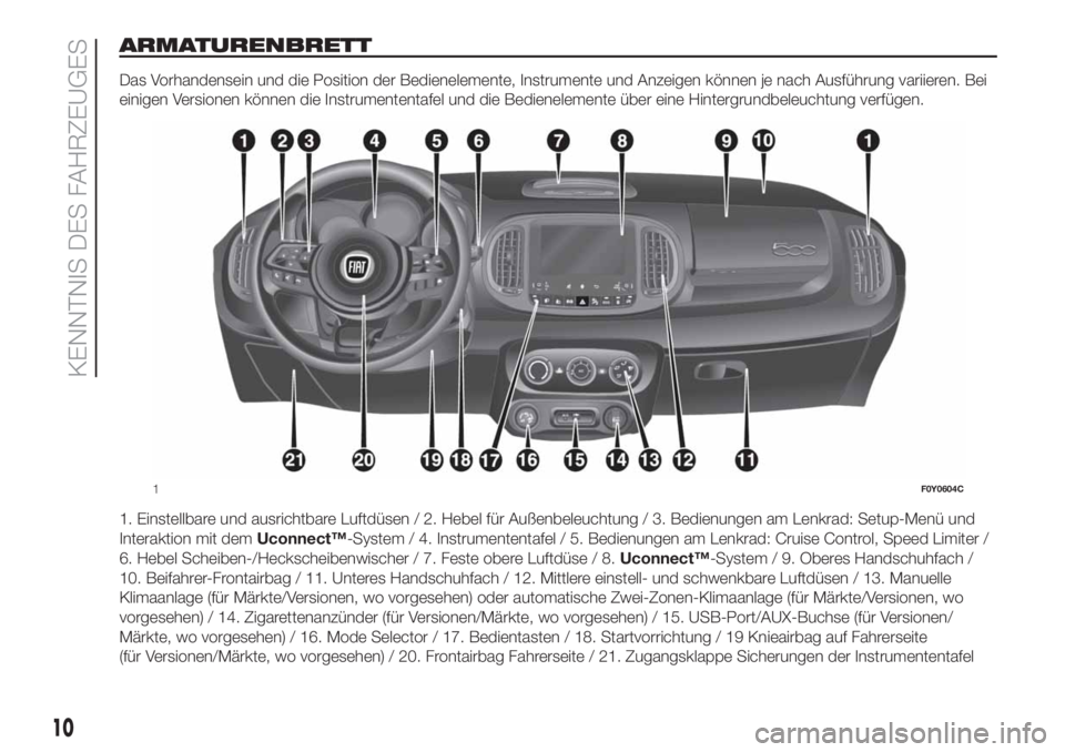 FIAT 500L 2019  Betriebsanleitung (in German) ARMATURENBRETT
Das Vorhandensein und die Position der Bedienelemente, Instrumente und Anzeigen können je nach Ausführung variieren. Bei
einigen Versionen können die Instrumententafel und die Bedien