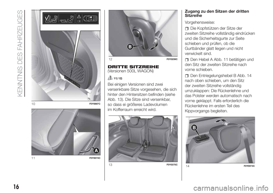 FIAT 500L 2019  Betriebsanleitung (in German) DRITTE SITZREIHE
(Versionen 500L WAGON)
11) 12)
Bei einigen Versionen sind zwei
versenkbare Sitze vorgesehen, die sich
hinter den Hintersitzen befinden (siehe
Abb. 13). Die Sitze sind versenkbar,
so d