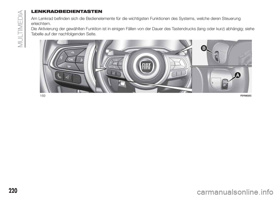 FIAT 500L 2019 Betriebsanleitung (in German) LENKRADBEDIENTASTEN
Am Lenkrad befinden sich die Bedienelemente für die wichtigsten Funktionen des Systems, welche deren Steuerung
erleichtern.
Die Aktivierung der gewählten Funktion ist in einigen FIAT 500L 2019 Betriebsanleitung (in German) LENKRADBEDIENTASTEN
Am Lenkrad befinden sich die Bedienelemente für die wichtigsten Funktionen des Systems, welche deren Steuerung
erleichtern.
Die Aktivierung der gewählten Funktion ist in einigen