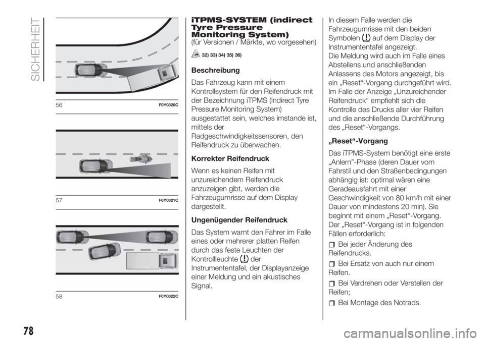 FIAT 500L 2019  Betriebsanleitung (in German) iTPMS-SYSTEM (indirect
Tyre Pressure
Monitoring System)
(für Versionen / Märkte, wo vorgesehen)
32) 33) 34) 35) 36)
Beschreibung
Das Fahrzeug kann mit einem
Kontrollsystem für den Reifendruck mit
d