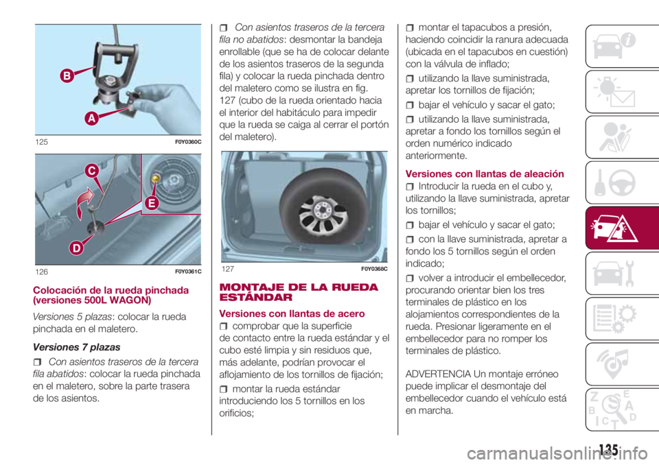 FIAT 500L 2018 Manual de Empleo y Cuidado (in Spanish) Colocación de la rueda pinchada
(versiones 500L WAGON)
Versiones 5 plazas: colocar la rueda
pinchada en el maletero.
Versiones 7 plazas
Con asientos traseros de la tercera
fila abatidos: colocar la r FIAT 500L 2018 Manual de Empleo y Cuidado (in Spanish) Colocación de la rueda pinchada
(versiones 500L WAGON)
Versiones 5 plazas: colocar la rueda
pinchada en el maletero.
Versiones 7 plazas
Con asientos traseros de la tercera
fila abatidos: colocar la r