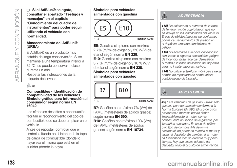 FIAT 500L 2019  Manual de Empleo y Cuidado (in Spanish) Si el AdBlue® se agota,
consultar el apartado “Testigos y
mensajes” en el capítulo
“Conocimiento del cuadro de
instrumentos” para poder seguir
utilizando el vehículo con
normalidad.
Almacen