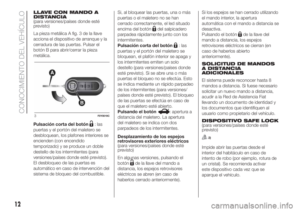 FIAT 500L 2019 Manual de Empleo y Cuidado (in Spanish) LLAVE CON MANDO A
DISTANCIA
(para versiones/países donde esté
previsto)
La pieza metálica A fig. 3 de la llave
acciona el dispositivo de arranque y la
cerradura de las puertas. Pulsar el
botón B p FIAT 500L 2019 Manual de Empleo y Cuidado (in Spanish) LLAVE CON MANDO A
DISTANCIA
(para versiones/países donde esté
previsto)
La pieza metálica A fig. 3 de la llave
acciona el dispositivo de arranque y la
cerradura de las puertas. Pulsar el
botón B p