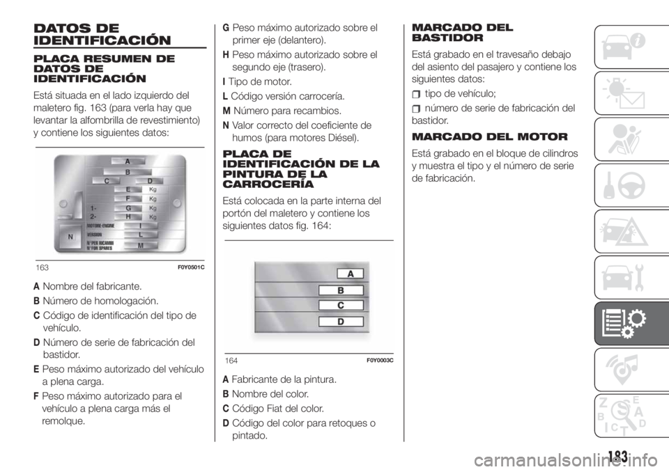 FIAT 500L 2019 Manual de Empleo y Cuidado (in Spanish) DATOS DE
IDENTIFICACIÓN
PLACA RESUMEN DE
DATOS DE
IDENTIFICACIÓN
Está situada en el lado izquierdo del
maletero fig. 163 (para verla hay que
levantar la alfombrilla de revestimiento)
y contiene los FIAT 500L 2019 Manual de Empleo y Cuidado (in Spanish) DATOS DE
IDENTIFICACIÓN
PLACA RESUMEN DE
DATOS DE
IDENTIFICACIÓN
Está situada en el lado izquierdo del
maletero fig. 163 (para verla hay que
levantar la alfombrilla de revestimiento)
y contiene los