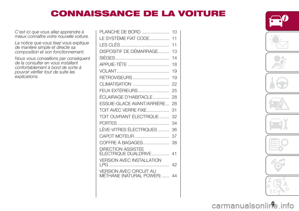 FIAT 500L 2018 Notice dentretien (in French) CONNAISSANCE DE LA VOITURE
C'est ici que vous allez apprendre à
mieux connaître votre nouvelle voiture.
La notice que vous lisez vous explique
de manière simple et directe sa
composition et son FIAT 500L 2018 Notice dentretien (in French) CONNAISSANCE DE LA VOITURE
C'est ici que vous allez apprendre à
mieux connaître votre nouvelle voiture.
La notice que vous lisez vous explique
de manière simple et directe sa
composition et son