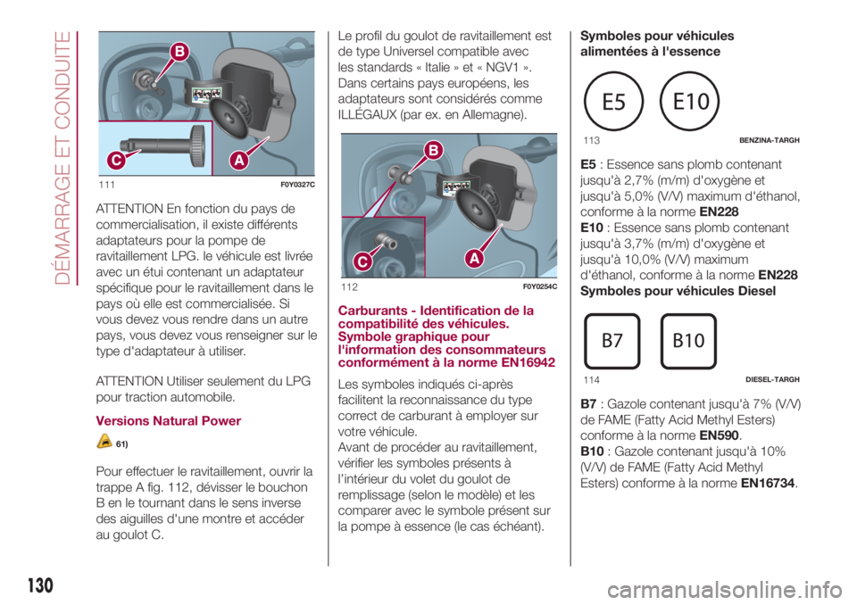 FIAT 500L 2018  Notice dentretien (in French) ATTENTION En fonction du pays de
commercialisation, il existe différents
adaptateurs pour la pompe de
ravitaillement LPG. le véhicule est livrée
avec un étui contenant un adaptateur
spécifique po