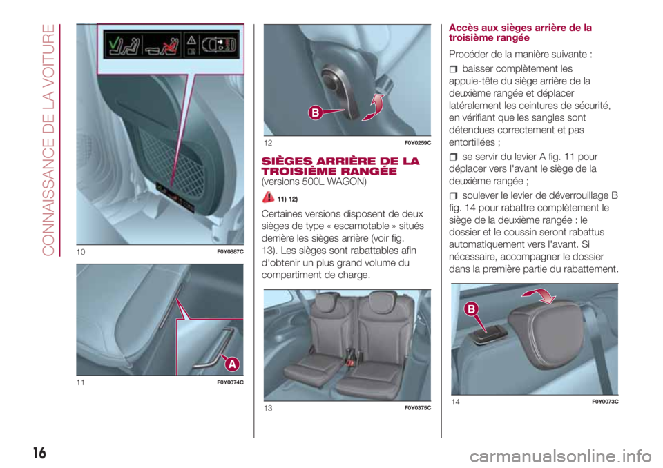 FIAT 500L 2018  Notice dentretien (in French) SIÈGES ARRIÈRE DE LA
TROISIÈME RANGÉE
(versions 500L WAGON)
11) 12)
Certaines versions disposent de deux
sièges de type « escamotable » situés
derrière les sièges arrière (voir fig.
13). Le