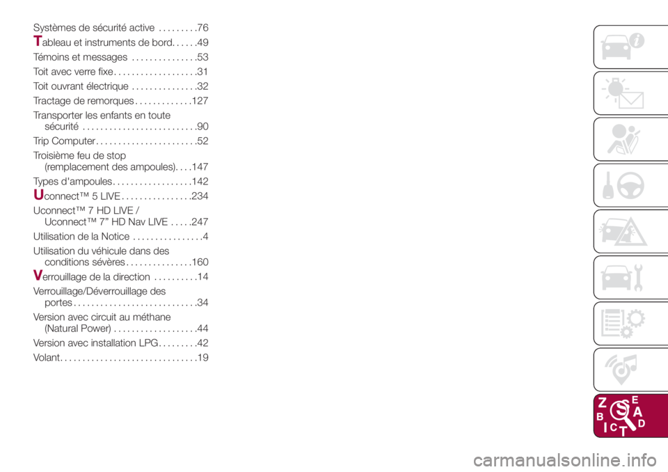 FIAT 500L 2018 Notice dentretien (in French) Systèmes de sécurité active.........76
Tableau et instruments de bord......49
Témoins et messages...............53
Toit avec verre fixe...................31
Toit ouvrant électrique............... FIAT 500L 2018 Notice dentretien (in French) Systèmes de sécurité active.........76
Tableau et instruments de bord......49
Témoins et messages...............53
Toit avec verre fixe...................31
Toit ouvrant électrique...............