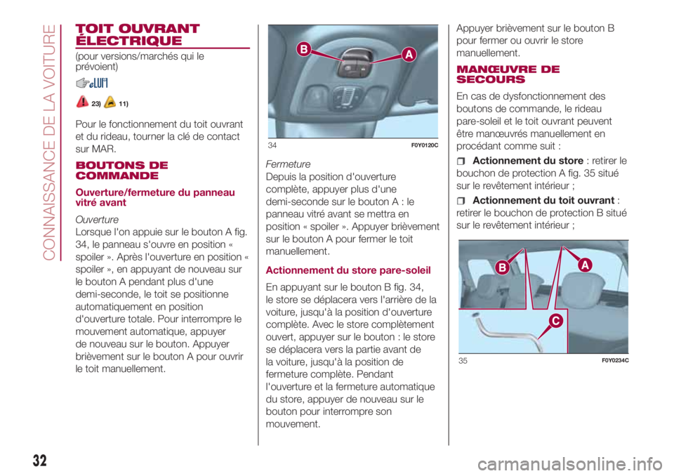 FIAT 500L 2018 Notice dentretien (in French) TOIT OUVRANT
ÉLECTRIQUE
(pour versions/marchés qui le
prévoient)
23)11)
Pour le fonctionnement du toit ouvrant
et du rideau, tourner la clé de contact
sur MAR.
BOUTONS DE
COMMANDE
Ouverture/fermet FIAT 500L 2018 Notice dentretien (in French) TOIT OUVRANT
ÉLECTRIQUE
(pour versions/marchés qui le
prévoient)
23)11)
Pour le fonctionnement du toit ouvrant
et du rideau, tourner la clé de contact
sur MAR.
BOUTONS DE
COMMANDE
Ouverture/fermet