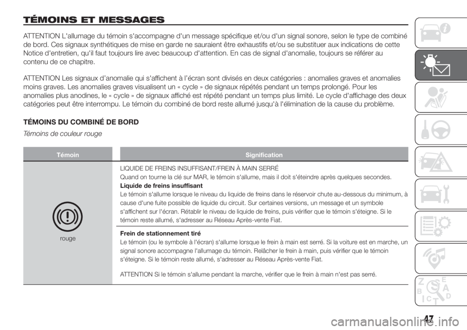FIAT 500L 2019 Notice dentretien (in French) TÉMOINS ET MESSAGES
ATTENTION L'allumage du témoin s'accompagne d'un message spécifique et/ou d'un signal sonore, selon le type de combiné
de bord. Ces signaux synthétiques de mis FIAT 500L 2019 Notice dentretien (in French) TÉMOINS ET MESSAGES
ATTENTION L'allumage du témoin s'accompagne d'un message spécifique et/ou d'un signal sonore, selon le type de combiné
de bord. Ces signaux synthétiques de mis
