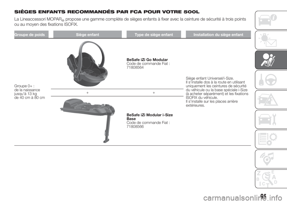 FIAT 500L 2019  Notice dentretien (in French) SIÈGES ENFANTS RECOMMANDÉS PAR FCA POUR VOTRE 500L
La Lineaccessori MOPAR
®propose une gamme complète de sièges enfants à fixer avec la ceinture de sécurité à trois points
ou au moyen des fix