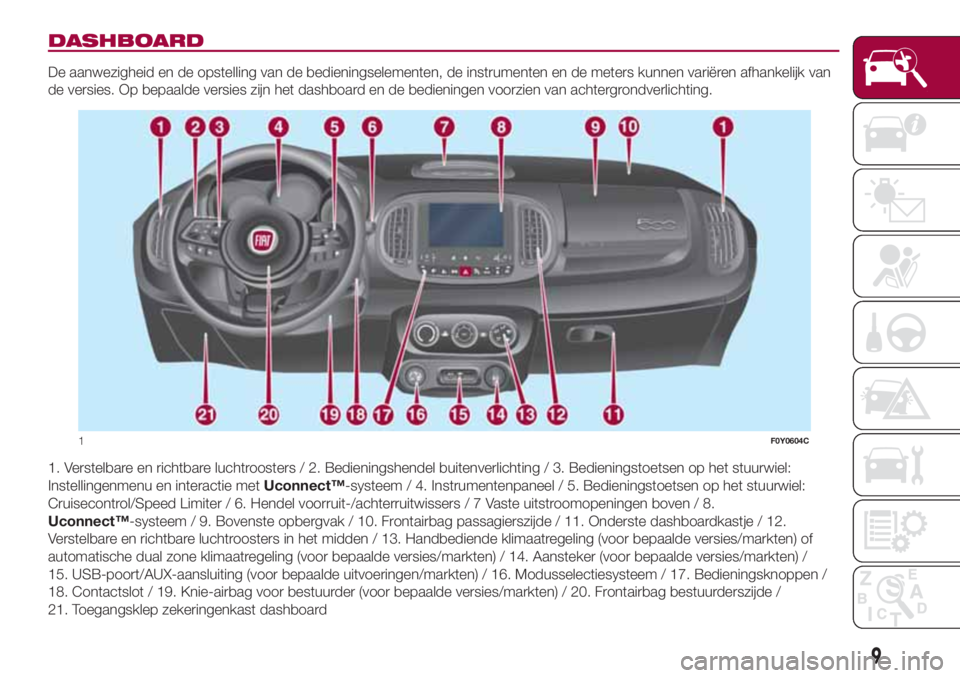 FIAT 500L 2018  Instructieboek (in Dutch) DASHBOARD
De aanwezigheid en de opstelling van de bedieningselementen, de instrumenten en de meters kunnen variëren afhankelijk van
de versies. Op bepaalde versies zijn het dashboard en de bedieninge