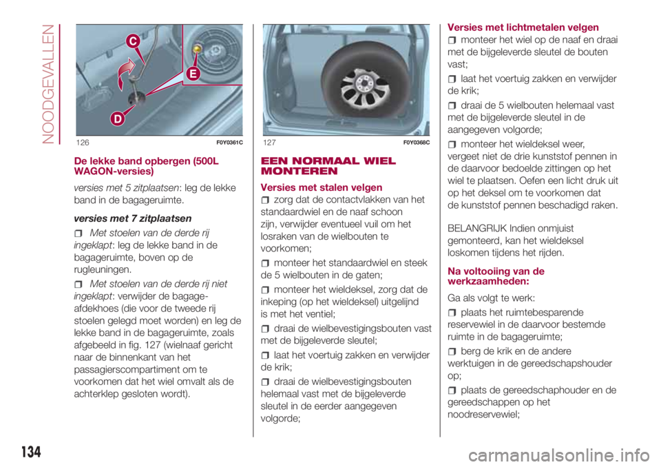 FIAT 500L 2018 Instructieboek (in Dutch) De lekke band opbergen (500L
WAGON-versies)
versies met 5 zitplaatsen: leg de lekke
band in de bagageruimte.
versies met 7 zitplaatsen
Met stoelen van de derde rij
ingeklapt: leg de lekke band in de
b FIAT 500L 2018 Instructieboek (in Dutch) De lekke band opbergen (500L
WAGON-versies)
versies met 5 zitplaatsen: leg de lekke
band in de bagageruimte.
versies met 7 zitplaatsen
Met stoelen van de derde rij
ingeklapt: leg de lekke band in de
b