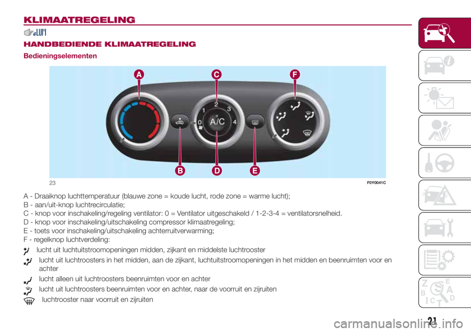 FIAT 500L 2018 Instructieboek (in Dutch) KLIMAATREGELING
.
HANDBEDIENDE KLIMAATREGELING
Bedieningselementen
A - Draaiknop luchttemperatuur (blauwe zone = koude lucht, rode zone = warme lucht);
B - aan/uit-knop luchtrecirculatie;
C - knop voo FIAT 500L 2018 Instructieboek (in Dutch) KLIMAATREGELING
.
HANDBEDIENDE KLIMAATREGELING
Bedieningselementen
A - Draaiknop luchttemperatuur (blauwe zone = koude lucht, rode zone = warme lucht);
B - aan/uit-knop luchtrecirculatie;
C - knop voo