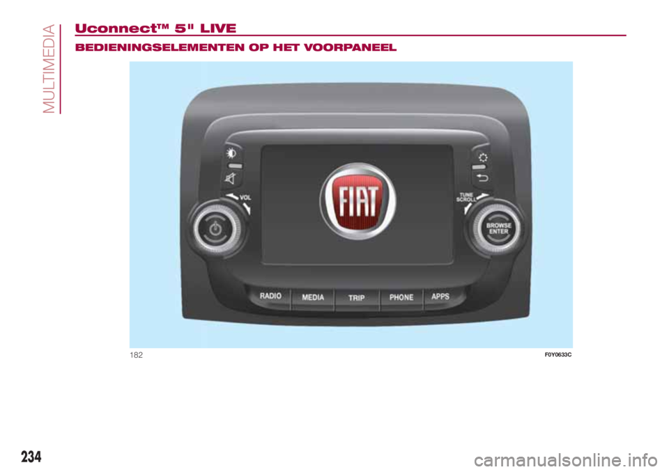 FIAT 500L 2018 Instructieboek (in Dutch) Uconnect™ 5" LIVE.
BEDIENINGSELEMENTEN OP HET VOORPANEEL
182F0Y0633C
234
MULTIMEDIA FIAT 500L 2018 Instructieboek (in Dutch) Uconnect™ 5" LIVE.
BEDIENINGSELEMENTEN OP HET VOORPANEEL
182F0Y0633C
234
MULTIMEDIA