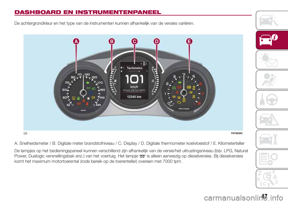 FIAT 500L 2018  Instructieboek (in Dutch) DASHBOARD EN INSTRUMENTENPANEEL
De achtergrondkleur en het type van de instrumenten kunnen afhankelijk van de versies variëren.
A. Snelheidsmeter / B. Digitale meter brandstofniveau / C. Display / D.