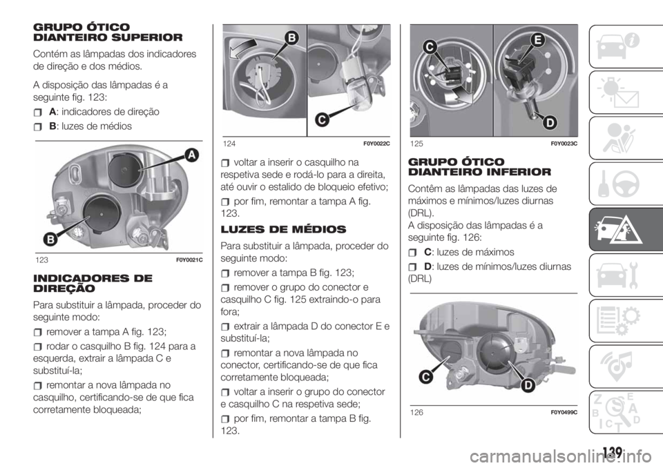 FIAT 500L 2019 Manual de Uso e Manutenção (in Portuguese) GRUPO ÓTICO
DIANTEIRO SUPERIOR
Contém as lâmpadas dos indicadores
de direção e dos médios.
A disposição das lâmpadas é a
seguinte fig. 123:
A: indicadores de direção
B: luzes de médios
IN FIAT 500L 2019 Manual de Uso e Manutenção (in Portuguese) GRUPO ÓTICO
DIANTEIRO SUPERIOR
Contém as lâmpadas dos indicadores
de direção e dos médios.
A disposição das lâmpadas é a
seguinte fig. 123:
A: indicadores de direção
B: luzes de médios
IN