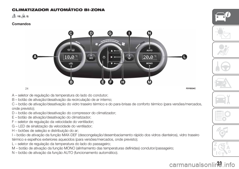 FIAT 500L 2019  Manual de Uso e Manutenção (in Portuguese) CLIMATIZADOR AUTOMÁTICO BI-ZONA
19)5)
Comandos
A – seletor de regulação da temperatura do lado do condutor;
B – botão de ativação/desativação da recirculação de ar interno;
C – botão 