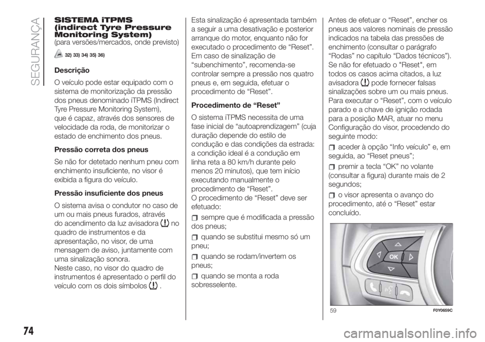 FIAT 500L 2019  Manual de Uso e Manutenção (in Portuguese) SISTEMA iTPMS
(indirect Tyre Pressure
Monitoring System)
(para versões/mercados, onde previsto)
32) 33) 34) 35) 36)
Descrição
O veículo pode estar equipado com o
sistema de monitorização da pres