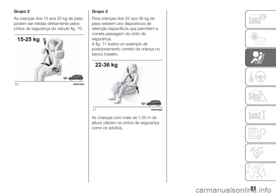 FIAT 500L 2019 Manual de Uso e Manutenção (in Portuguese) Grupo 2
As crianças dos 15 aos 25 kg de peso
podem ser retidas diretamente pelos
cintos de segurança do veículo fig. 70.Grupo 3
Para crianças dos 22 aos 36 kg de
peso existem uns dispositivos de
r FIAT 500L 2019 Manual de Uso e Manutenção (in Portuguese) Grupo 2
As crianças dos 15 aos 25 kg de peso
podem ser retidas diretamente pelos
cintos de segurança do veículo fig. 70.Grupo 3
Para crianças dos 22 aos 36 kg de
peso existem uns dispositivos de
r