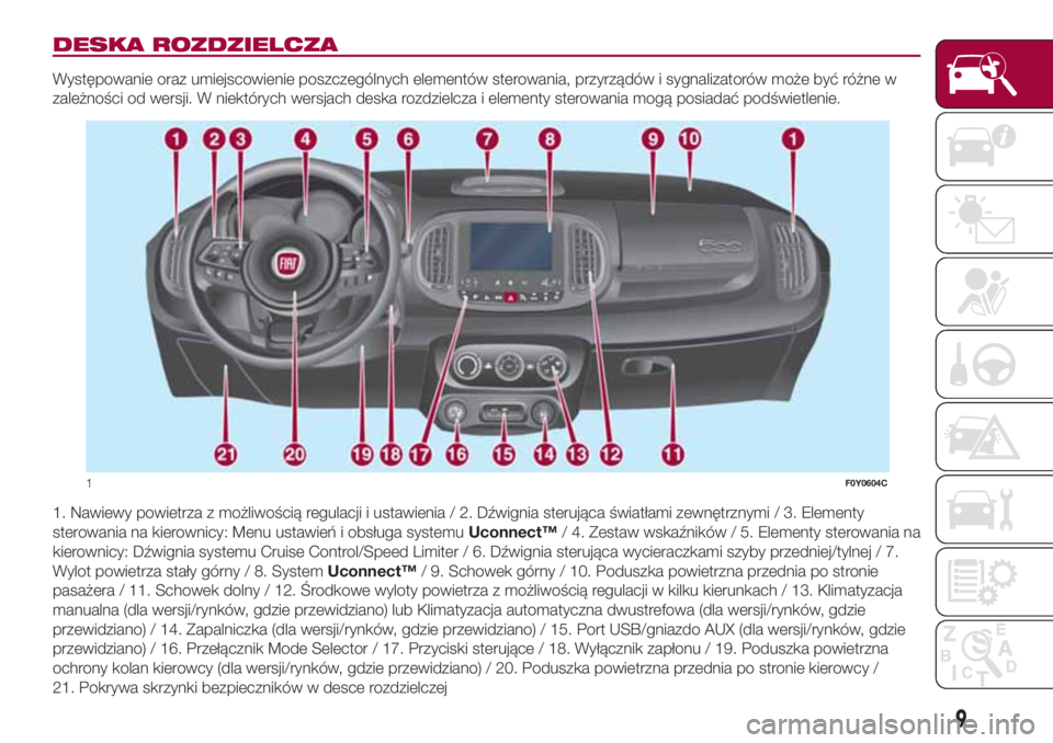 FIAT 500L 2018  Instrukcja obsługi (in Polish) DESKA ROZDZIELCZA
Występowanie oraz umiejscowienie poszczególnych elementów sterowania, przyrządów i sygnalizatorów może być różne w
zależności od wersji. W niektórych wersjach deska rozd