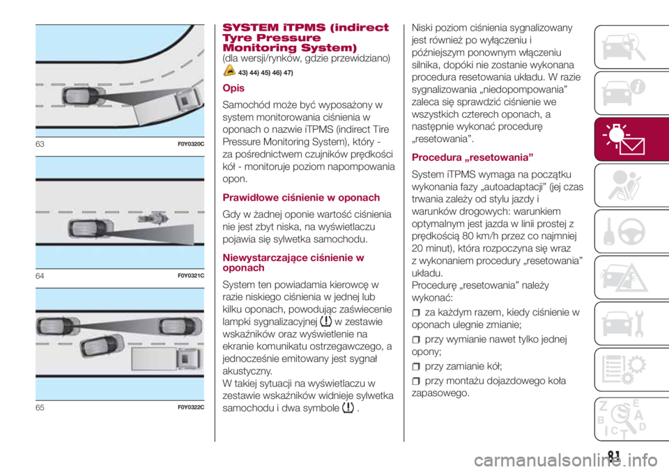 FIAT 500L 2018  Instrukcja obsługi (in Polish) SYSTEM iTPMS (indirect
Tyre Pressure
Monitoring System)
(dla wersji/rynków, gdzie przewidziano)
43) 44) 45) 46) 47)
Opis
Samochód może być wyposażony w
system monitorowania ciśnienia w
oponach o