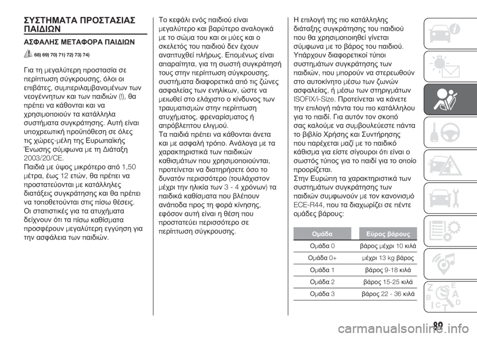 FIAT 500L 2019  ΒΙΒΛΙΟ ΧΡΗΣΗΣ ΚΑΙ ΣΥΝΤΗΡΗΣΗΣ (in Greek) ΣΥΣΤΗΜΑΤΑ ΠΡΟΣΤΑΣΙΑΣ
ΠΑΙΔΙΩΝ
ΑΣΦΑΛΗΣ ΜΕΤΑΦΟΡΑ ΠΑΙΔΙΩΝ
68) 69) 70) 71) 72) 73) 74)
Για τημεγαλύτερηπροστασία σε
περίπτω�