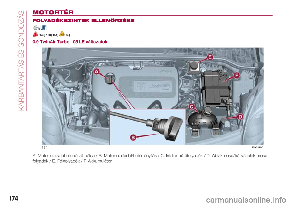FIAT 500L 2018  Kezelési és karbantartási útmutató (in Hungarian) MOTORTÉR.
FOLYADÉKSZINTEK ELLENŐRZÉSE
149) 150) 151)69)
0.9 TwinAir Turbo 105 LE változatok
A. Motor olajszint ellenőrző pálca / B. Motor olajfedél/betöltőnyílás / C. Motor hűtőfolyadé
