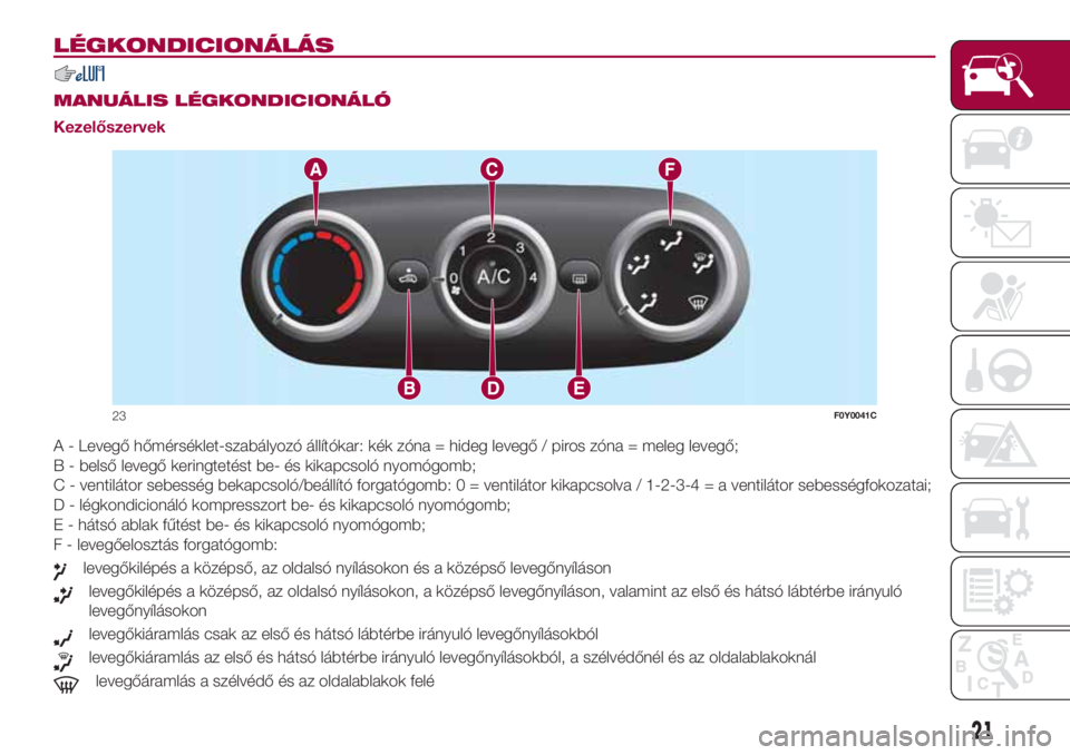 FIAT 500L 2018 Kezelési és karbantartási útmutató (in Hungarian) LÉGKONDICIONÁLÁS
.
MANUÁLIS LÉGKONDICIONÁLÓ
Kezelőszervek
A - Levegő hőmérséklet-szabályozó állítókar: kék zóna = hideg levegő / piros zóna = meleg levegő;
B - belső levegő ker FIAT 500L 2018 Kezelési és karbantartási útmutató (in Hungarian) LÉGKONDICIONÁLÁS
.
MANUÁLIS LÉGKONDICIONÁLÓ
Kezelőszervek
A - Levegő hőmérséklet-szabályozó állítókar: kék zóna = hideg levegő / piros zóna = meleg levegő;
B - belső levegő ker