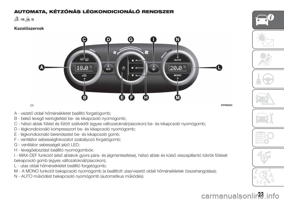 FIAT 500L 2019 Kezelési és karbantartási útmutató (in Hungarian) AUTOMATA, KÉTZÓNÁS LÉGKONDICIONÁLÓ RENDSZER
19)5)
Kezelőszervek
A - vezető oldali hőmérsékletet beállító forgatógomb;
B - belső levegő keringtetést be- és kikapcsoló nyomógomb;
C FIAT 500L 2019 Kezelési és karbantartási útmutató (in Hungarian) AUTOMATA, KÉTZÓNÁS LÉGKONDICIONÁLÓ RENDSZER
19)5)
Kezelőszervek
A - vezető oldali hőmérsékletet beállító forgatógomb;
B - belső levegő keringtetést be- és kikapcsoló nyomógomb;
C